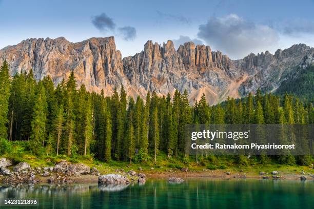 italian alps. silent morning on the lake of carezza surrounded by pine forest and mountains. - lago de carezza fotografías e imágenes de stock