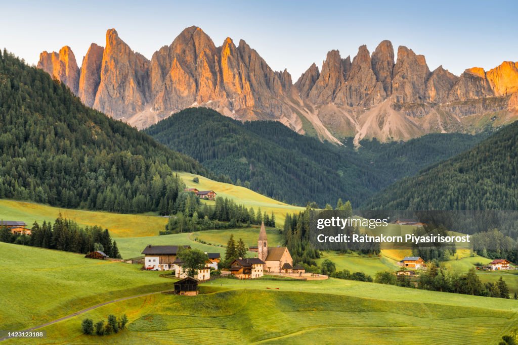 Sunrise Scene of Landscape with the Santa Maddalena church and the Dolomites in the Funes valley, South Tyrol, Italy