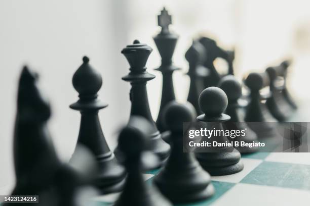 black chess pieces  aligned on a chess board. - taktik stock-fotos und bilder