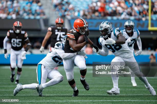 Running back Nick Chubb of the Cleveland Browns carries the ball during the second half of their NFL game against the Carolina Panthers at Bank of...