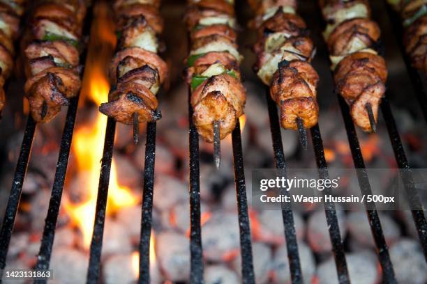 close-up of meat on barbecue grill - schaschlik stock-fotos und bilder