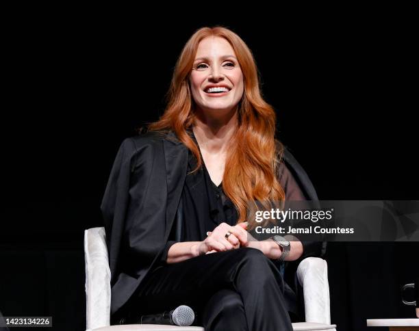 Jessica Chastain speaks onstage at "The Good Nurse" Press Conference during the 2022 Toronto International Film Festival at TIFF Bell Lightbox on...