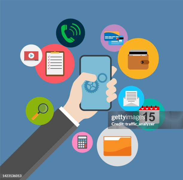 hand holding smartphone - flat design - holding folder stock illustrations