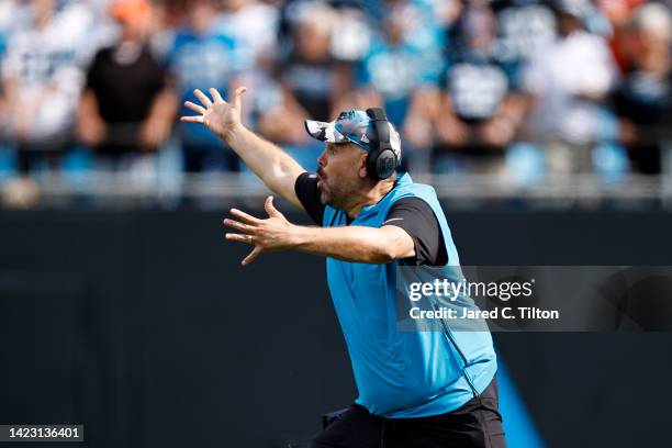 Head coach Matt Rhule of the Carolina Panthers reacts following a call during the second half of their NFL game against the Cleveland Browns at Bank...