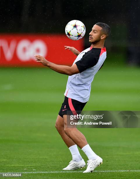 Thiago Alcantara of Liverpool during a training session at AXA Training Centre on September 12, 2022 in Kirkby, England.