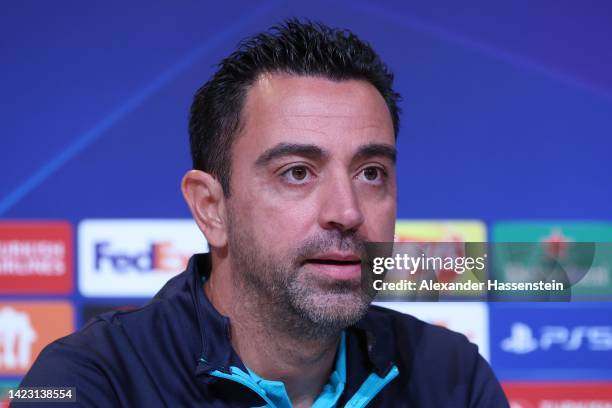 Xavi, head coach of FC Barcelona talks to the media during a FC Barcelona press conference ahead of their UEFA Champions League group C match against...