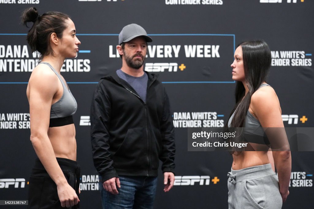 Bruna Brasil of Brazil and Marnic Mann faceoff during Dana White's News  Photo - Getty Images