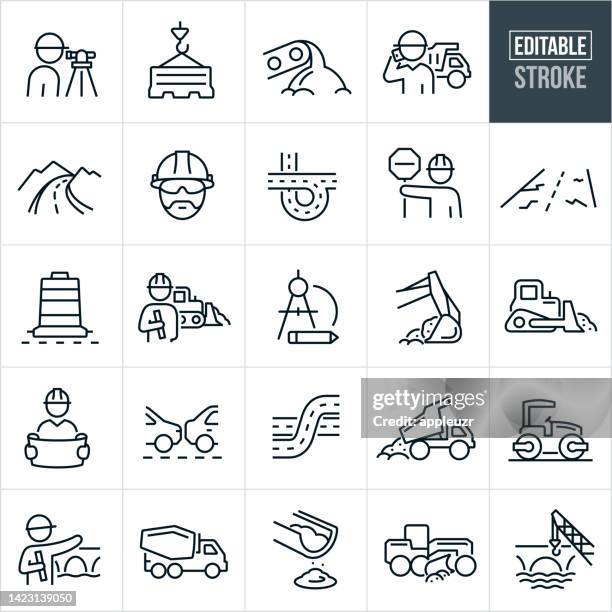 ilustraciones, imágenes clip art, dibujos animados e iconos de stock de iconos de línea delgada de construcción de carreteras - trazo editable - asfalto