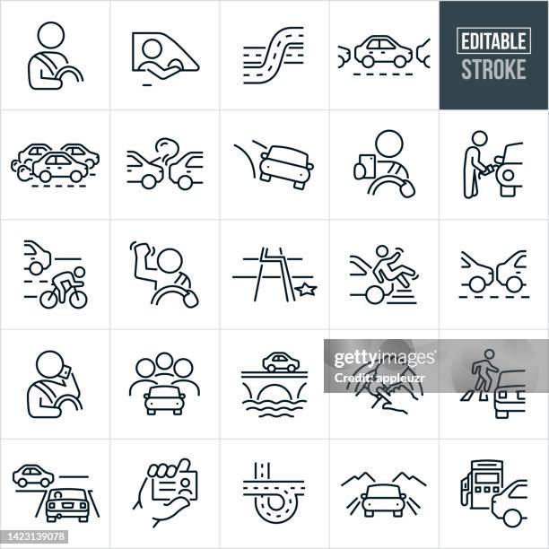 ilustrações, clipart, desenhos animados e ícones de ícones da linha fina de condução e tráfego - traçado editável - dividindo carro