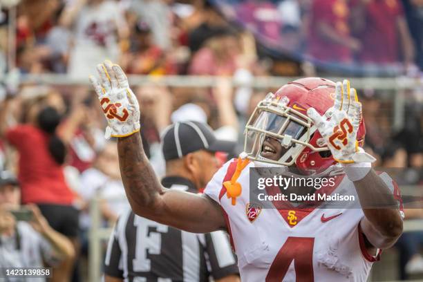 Wide receiver Mario Williams of the USC Trojans celebrates during a Pac-12 college football game against the Stanford Cardinal played on September...