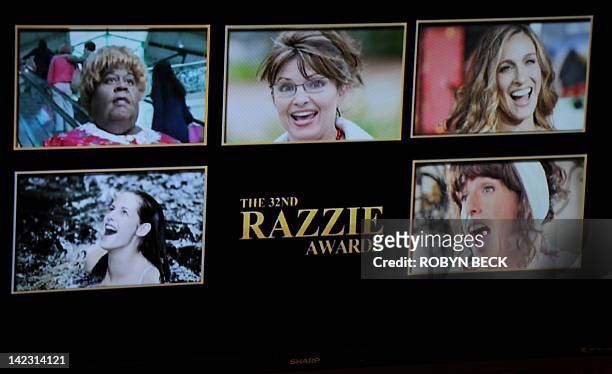 The nominees in the Worst Actress category are displayed on stage at the 32 annual Golden Raspberry or Razzies Awards, April 1, 2012 in Santa Monica,...