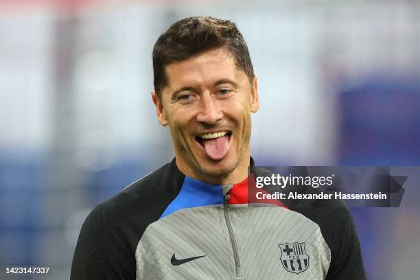 Robert Lewandowski of FC Barcelona reacts during a FC Barcelona training session ahead of their UEFA Champions League group C match against FC Bayern...