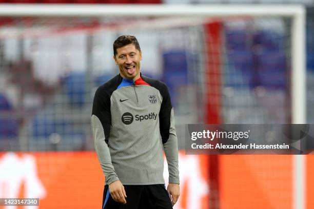 Robert Lewandowski of FC Barcelona reacts during a FC Barcelona training session ahead of their UEFA Champions League group C match against FC Bayern...