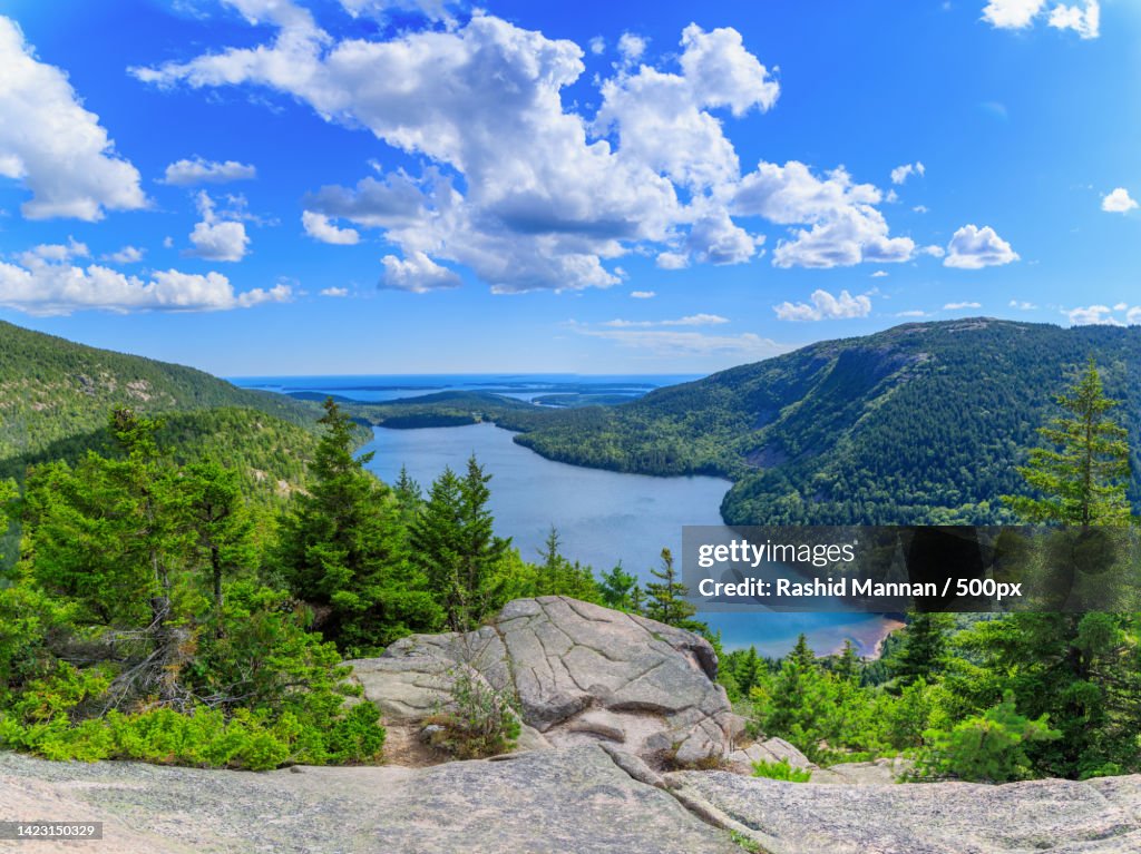 Scenic view of lake and mountains against sky,Acadia National Park,Maine,United States,USA