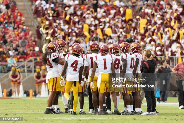 The USC Trojans meet on the field during a Pac-12 college football game against the Stanford Cardinal played on September 10, 2022 at Stanford...