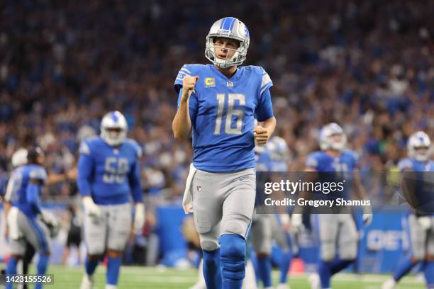 Jared Goff of the Detroit Lions celebrates a touchdown against the Philadelphia Eagles at Ford Field on September 11, 2022 in Detroit, Michigan.