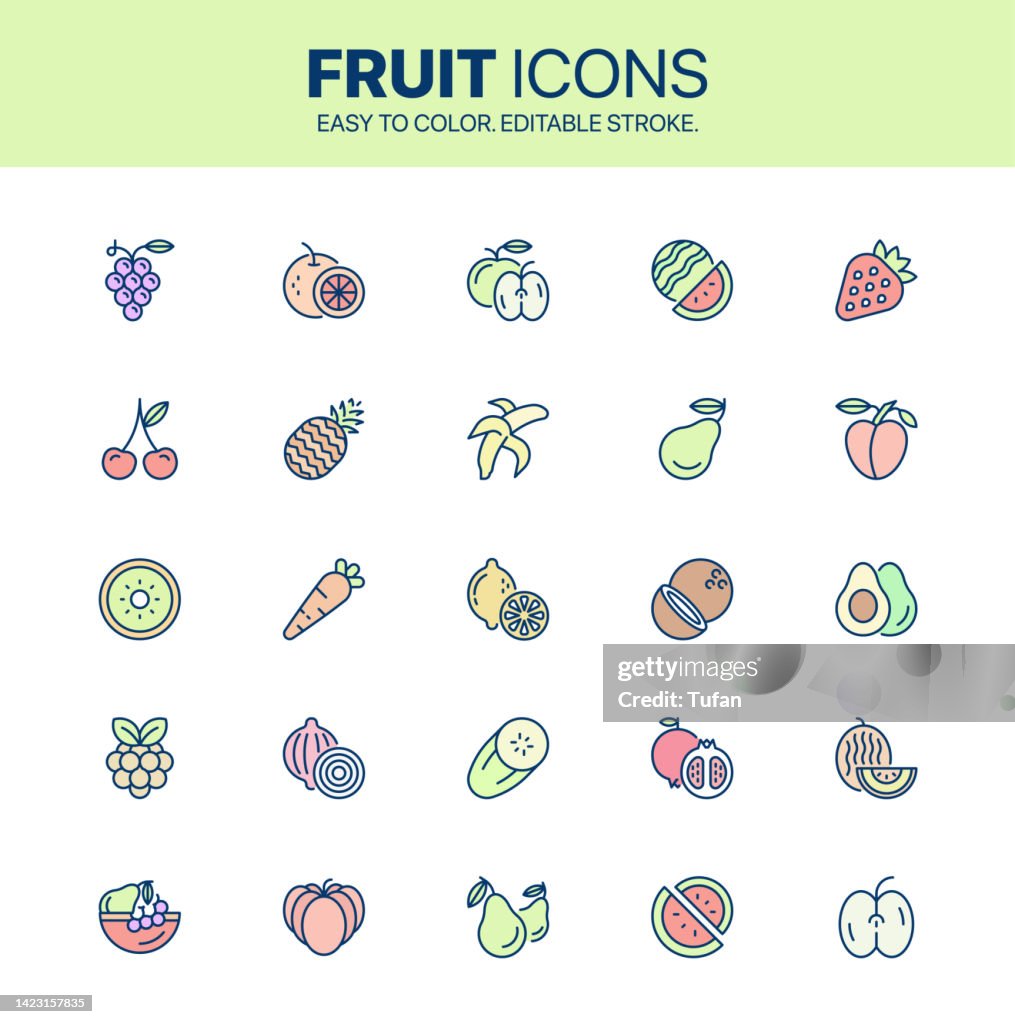 Set of colorful Fruit icons. Vegetables symbol set. Easy to color and editable stroke