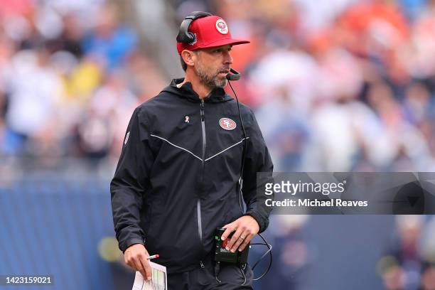Head coach Kyle Shanahan of the San Francisco 49ers looks on against the Chicago Bears at Soldier Field on September 11, 2022 in Chicago, Illinois.