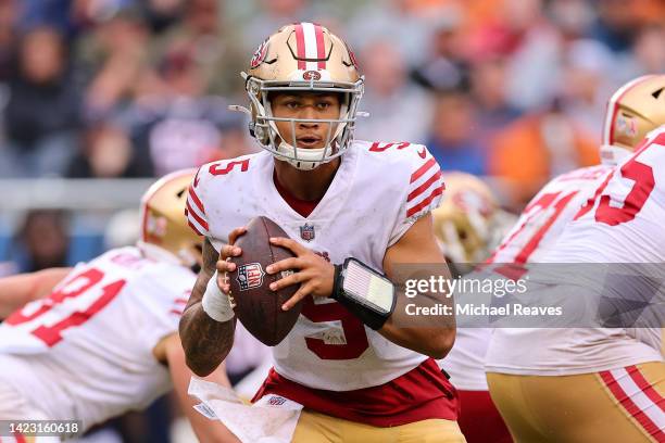 Trey Lance of the San Francisco 49ers looks to pass against the Chicago Bears at Soldier Field on September 11, 2022 in Chicago, Illinois.