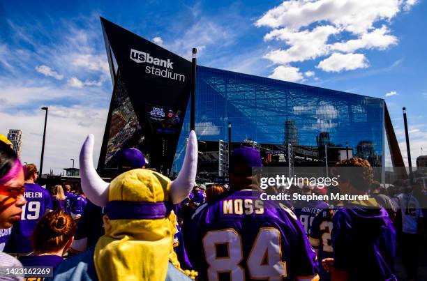 View outside the stadium before the game between the Minnesota Vikings and Green Bay Packers at U.S. Bank Stadium on September 11, 2022 in...