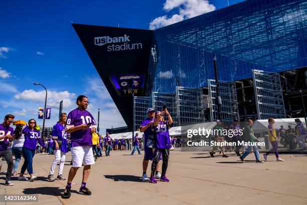 View outside the stadium before the game between the Minnesota Vikings and Green Bay Packers at U.S. Bank Stadium on September 11, 2022 in...