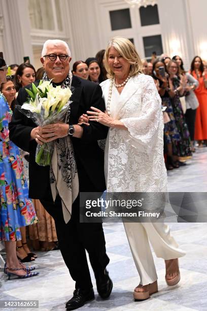 Designer Dennis Basso and Martha Stewart walk the runway at the Dennis Basso fashion show during September 2022 New York Fashion Week: The Shows at...