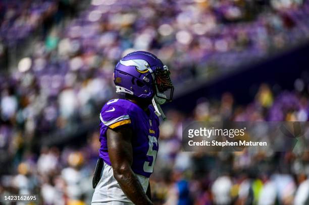 Jalen Reagor of the Minnesota Vikings warms up before the game against the Green Bay Packers at U.S. Bank Stadium on September 11, 2022 in...