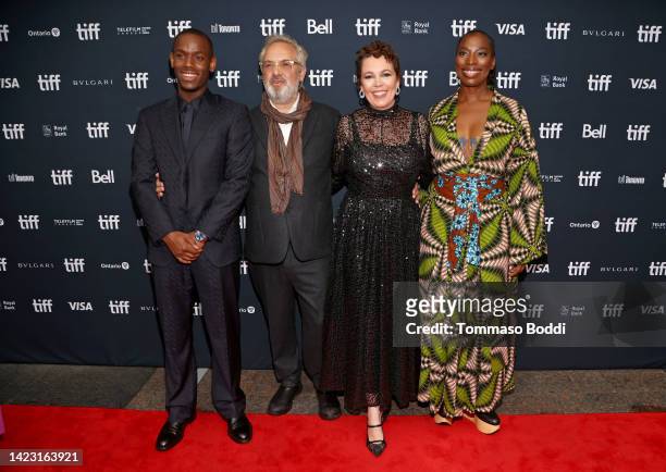Micheal Ward, Sam Mendes, Olivia Colman, and Tanya Moodie attend the "Empire Of Light" Premiere at Princess of Wales on September 12, 2022 in...