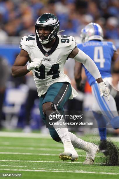 Josh Sweat of the Philadelphia Eagles plays against the Detroit Lions at Ford Field on September 11, 2022 in Detroit, Michigan.