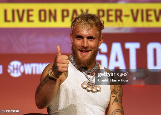 Jake Paul reacts during a Jake Paul v Anderson Silva press conference at NeueHouse Hollywood on September 12, 2022 in Hollywood, California.