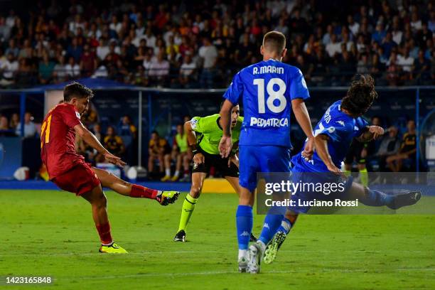 Roma player Paulo Dybala scores the first goal for his team during the Serie A match between Empoli FC and AS Roma at Stadio Carlo Castellani on...