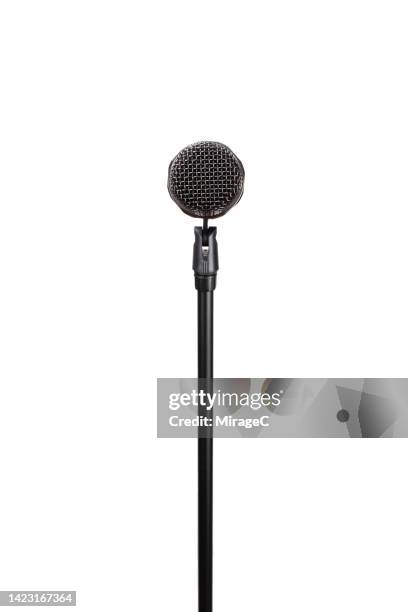 microphone on stand point of view isolated on white - microphone stand stock-fotos und bilder