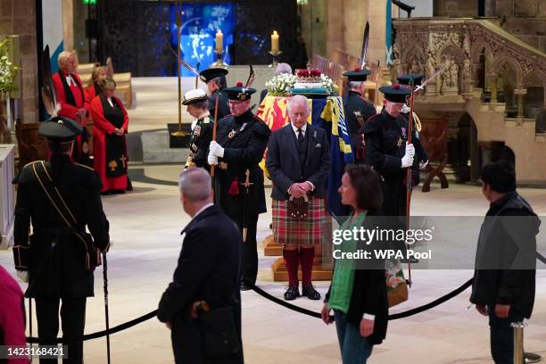 King Charles III, Prince Edward, Duke of Wessex, Princess Anne, Princes Royal and Prince Andrew, Duke of York hold a vigil at St Giles' Cathedral, in...