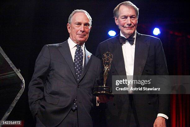 New York City Mayor Michael R. Bloomberg accepts the Governor's Award from Charlie Rose at the 55th Annual New York Emmy Awards gala at the Marriott...