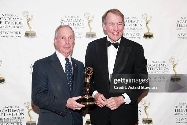 New York City Mayor Michael R. Bloomberg accepts the Governor's Award from Charlie Rose at the 55th Annual New York Emmy Awards gala at the Marriott...