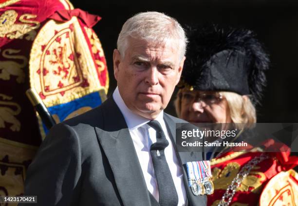 Prince Andrew, Duke of York is seen leaving St Giles Cathedral on September 12, 2022 in Edinburgh, Scotland. King Charles III joins the procession...