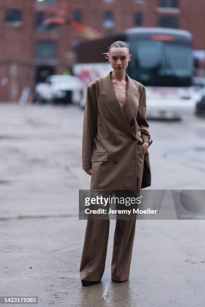Maya Stepper in a total Tommy Hilfiger look, before Tommy Hilfiger, during New York Fashion Week on September 11, 2022 in New York City.