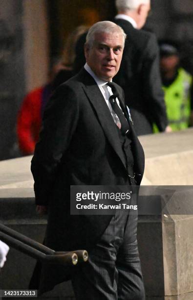 Prince Andrew, Duke of York leaves after attending the vigil in memory of Queen Elizabeth II at St Giles Cathedral on September 12, 2022 in...