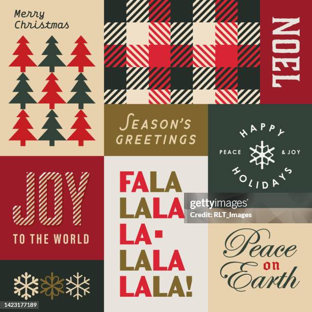 stockillustraties, clipart, cartoons en iconen met merry christmas seasonal collage & pattern - christmas font