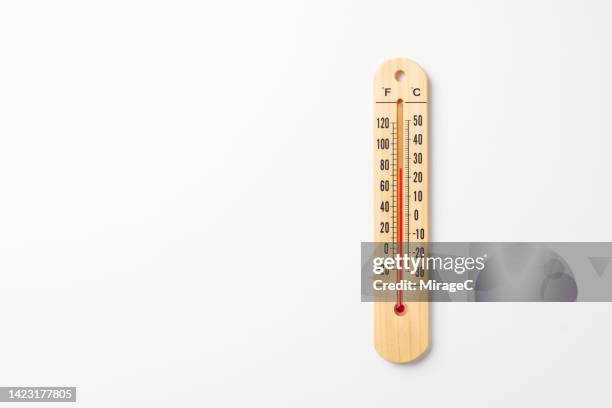 wooden thermometer celsius and fahrenheit, normal temperature - thermomètre photos et images de collection