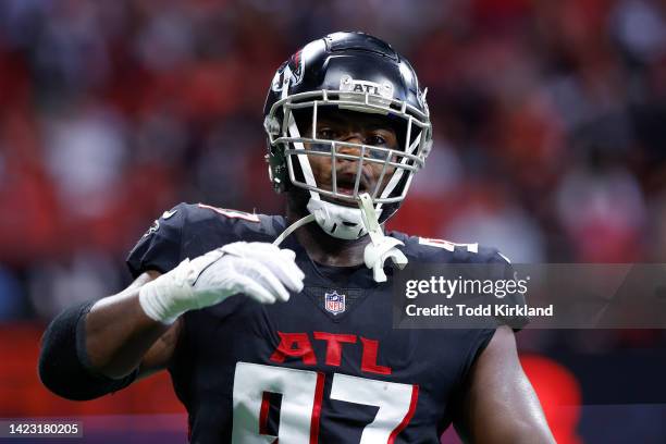 Grady Jarrett of the Atlanta Falcons reacts during the first half of the game against the New Orleans Saints at Mercedes-Benz Stadium on September...