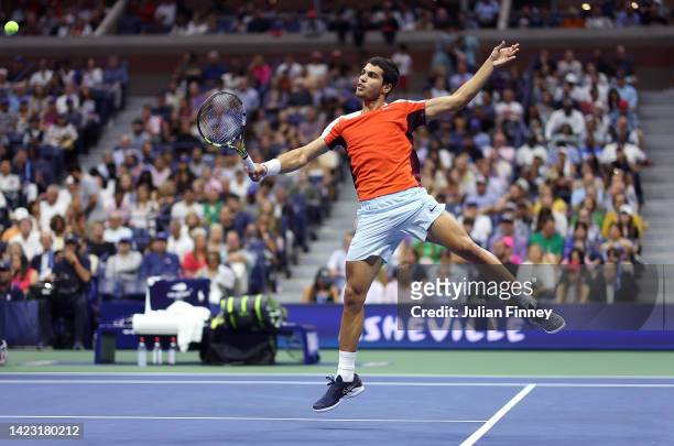 Carlos Alcaraz of Spain plays a backhand volley against Casper Ruud of Norway during their Men’s Singles Final match on Day Fourteen of the 2022 US...