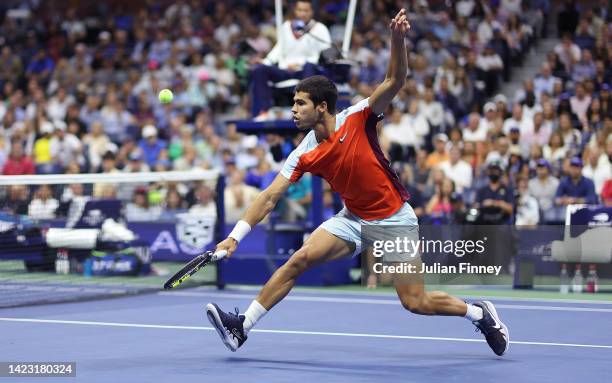 Carlos Alcaraz of Spain in action against Casper Ruud of Norway during their Men’s Singles Final match on Day Fourteen of the 2022 US Open at USTA...
