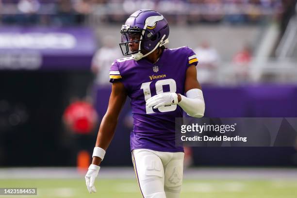 Justin Jefferson of the Minnesota Vikings looks on against the Green Bay Packers in the first quarter of the game at U.S. Bank Stadium on September...