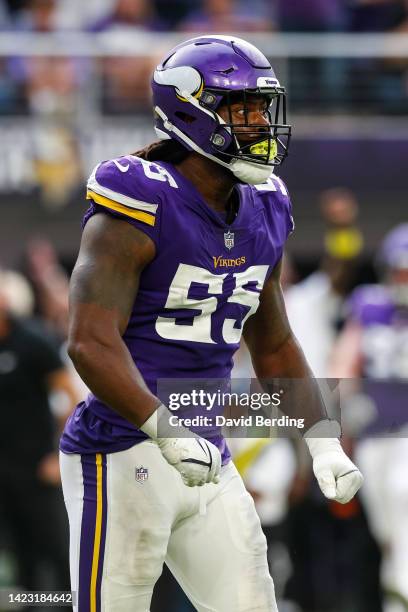 Za'Darius Smith of the Minnesota Vikings celebrates his tackle against the Green Bay Packers in the second quarter of the game at U.S. Bank Stadium...