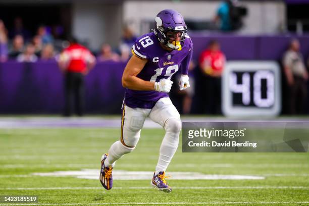 Adam Thielen of the Minnesota Vikings competes against the Green Bay Packers in the second quarter of the game at U.S. Bank Stadium on September 11,...