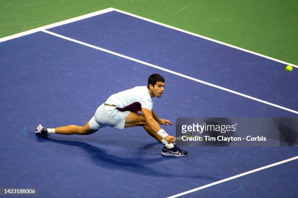 September 11: Carlos Alcaraz of Spain in action against Casper Ruud of Norway in the Men's Singles Final match on Arthur Ashe Stadium during the US...