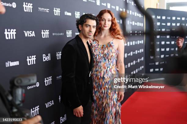 Joe Jonas and Sophie Turner attend the "Devotion" Premiere at Cinesphere on September 12, 2022 in Toronto, Ontario.