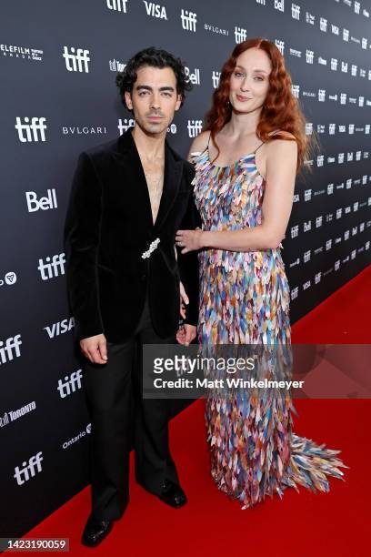 Joe Jonas and Sophie Turner attend the "Devotion" Premiere at Cinesphere on September 12, 2022 in Toronto, Ontario.