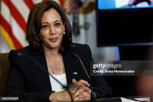 Vice President Kamala Harris listens during a meeting with civil rights and reproductive rights leaders in the Eisenhower Executive Office Building...